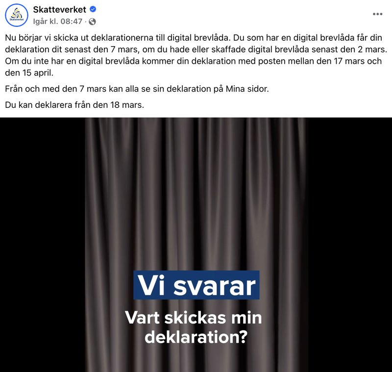 Foto: Skärmavbild Facebook/Skatteverket Foto: Skärmavbild Facebook/Skatteverket